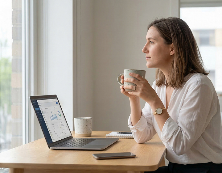 A woman holding a coffee while reviewing customer records